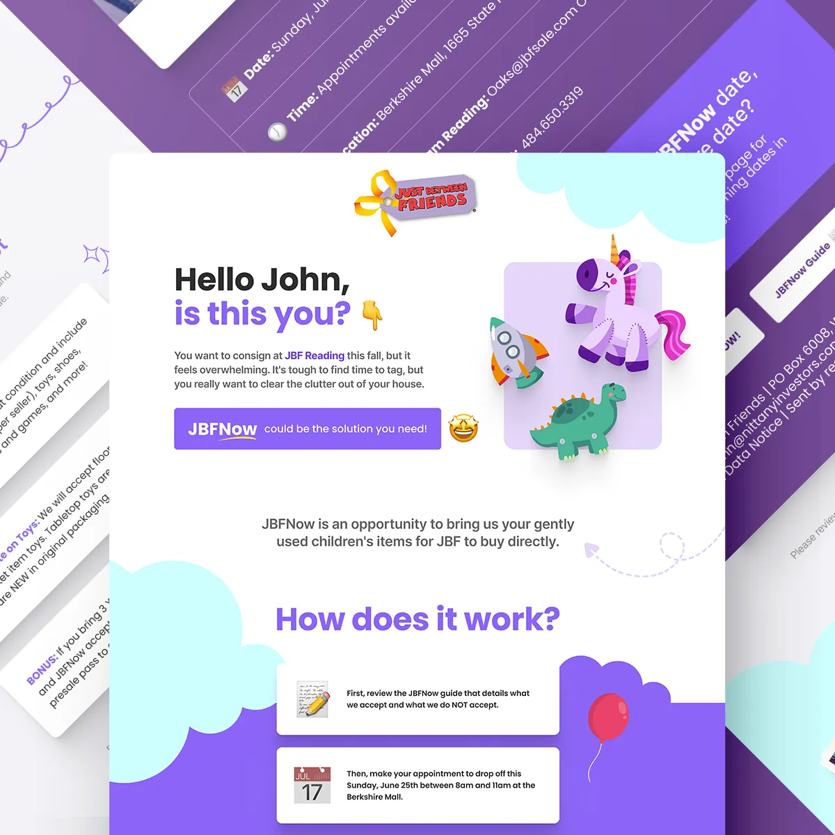 Just Between Friends' landing page preview, a colorful design for a kids' toy brand, showcasing playful-looking illustrations.