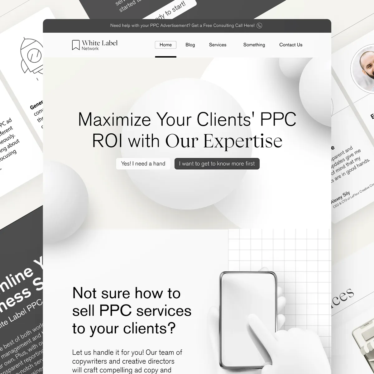 Preview of White Label Network's landing page, a minimalistic site for an online PPC advertising brand, showcasing black and white 3D elements with a clear and simple design layout.